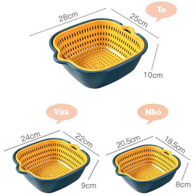 Set Rổ 6 Món Gồm 3 Rổ 3 Chậu - Bộ Rổ Nhựa Vuông 6 Món Kèm Chậu Ráo Nước Hai Lớp Cao Cấp