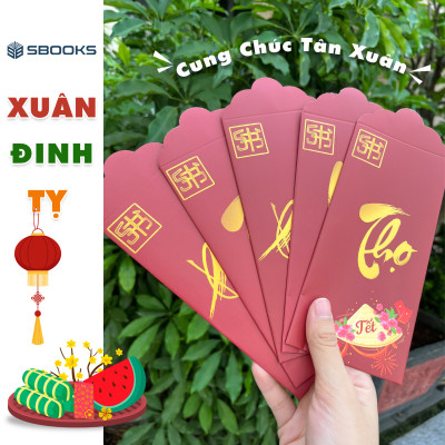 Combo 5 Cái Bao Lì Xì Thiết Kế Chữ Phúc, Tài, Phát, Lộc, Thọ - Tết Việt 2025 Giấy Cứng C150 Siêu Dày Dặn - SBOOKS