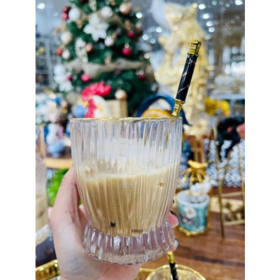 Bộ 6 ly thủy tinh chịu nhiệt cao cấp dùng uống nước vân sọc viền vàng miệng loe