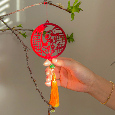 Bộ 12 dây phụ kiện handmade treo Tết trang trí cây mai đào, mix màu vàng đỏ MIX12