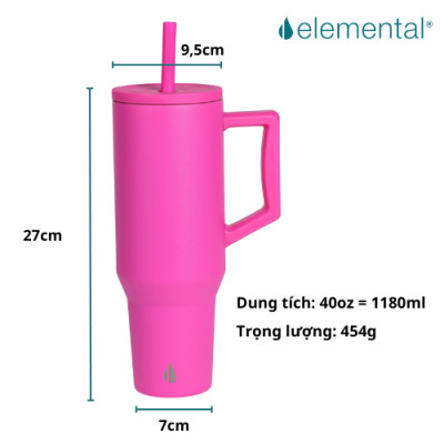 [Hàng chính hãng_Thương hiệu Mỹ] Ly giữ nhiệt Commuter Elemental 1180ml màu hồng neon thép không gỉ có tay cầm combo ống hút trân châu 