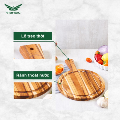 Thớt Gỗ Teak kháng khuẩn Vibasic hình tròn có tay cầm kích thước 25x1.8cm - Hàng chính hãng Bộ Quốc Phòng