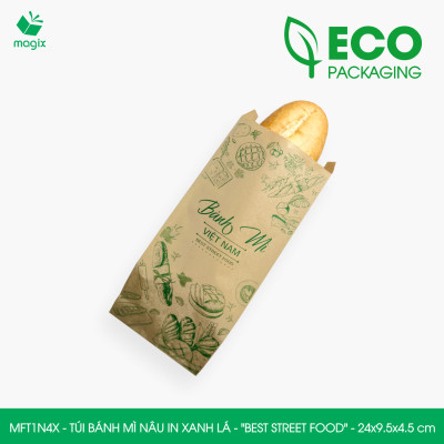MFT1N4X - 24x9.5x4.5 cm - 200 Túi bánh mì Nâu, in sẵn họa tiết BEST STREET FOOD - Bao bánh mì Túi giấy thực phẩm an toàn