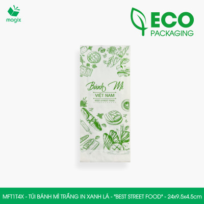 MFT1T4X - 24x9.5x4.5 cm - 200 Túi bánh mì Trắng, in sẵn họa tiết BEST STREET FOOD - Bao bánh mì Túi giấy thực phẩm an toàn