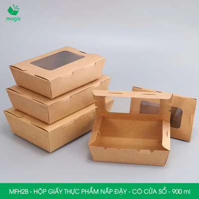 MFH2B - 900ml - 100 hộp giấy kraft đựng thực phẩm, hộp giấy đựng thức ăn có cửa sổ, hộp đựng cơm