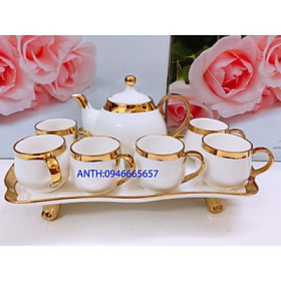 BỘ ẤM CHÉN TAY TRÒN KÈM KHAY SỨ CÓ CHÂN PHA TRÀ CÀ PHÊ TRẮNG VÀNG PHONG CÁCH HOÀNG GIA SANG TRỌNG