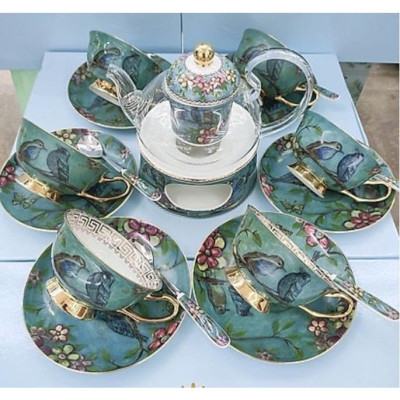 Bộ ấm chén kèm 6 đĩa lót tách pha trà hoa thủy tinh kết hợp gốm sứ xương cao cấp có đế đun và thìa hoa xanh và chim