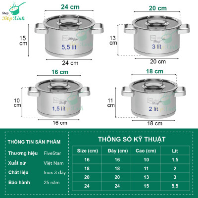 Nồi Inox 304 3 Đáy Nắp Kính Fivestar - Bạc