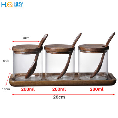 Combo 3 hủ gia vị thủy tinh kèm khay muỗng Hobby Home Decor HGV3D