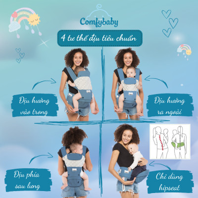 Địu ngồi trẻ em cao cấp siêu mềm - siêu thoáng 4 tư thế Comfybaby CF119HC003 cho bé từ sơ sinh tới 36 tháng có mũ đỡ đầu
