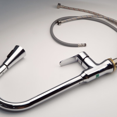 Vòi Rửa Chén Nóng Lạnh Dây Kéo Đồng Mạ Chrome Eurolife EL-KM05 (Trắng bạc)