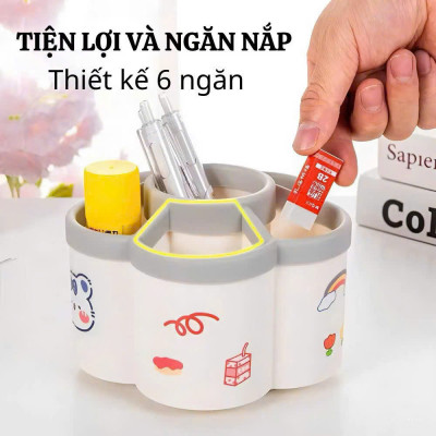 Hộp Đựng Bút Xoay 360 Thiết Kế Bông Hoa 6 Ngăn – Hộp Đựng Văn Phòng Phẩm Để Bàn - HÀNG CHÍNH HÃNG MINIIN