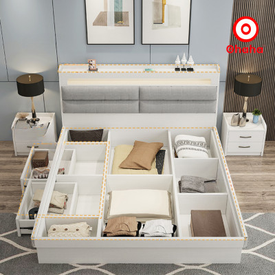 [Miễn phí vận chuyển & lắp đặt] Giường ngủ thông minh cao cấp bọc nệm đầu giường có hộc kéo gỗ công nghiệp Ohaha - GN013