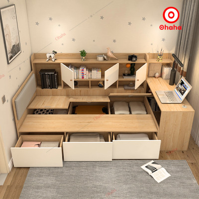 [ Miễn phí giao hàng và lắp đặt tại TP.HCM] Giường ngủ công nghiệp bọc nệm kèm tủ và bàn học OHAHA - GN049