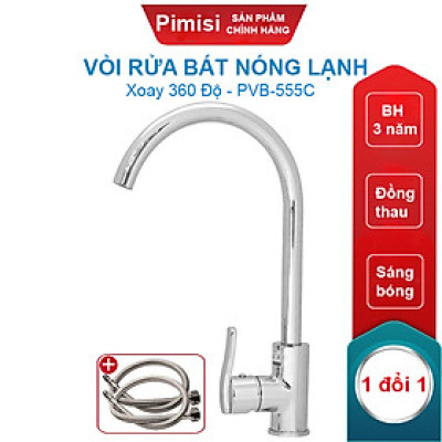 Vòi rửa bát nóng lạnh Pimisi đồng thau mạ xi Cr/Ni sáng bóng kiểu tròn điều chỉnh nhiệt độ bằng tay gật gù - kèm 2 sợi dây cấp nước dùng cho chậu rửa bát 1-2-3 hố trong nhà bếp - vòi nước rửa chén gắn chậu âm dương bàn đá quay 360 độ tăng áp | Chính hãng