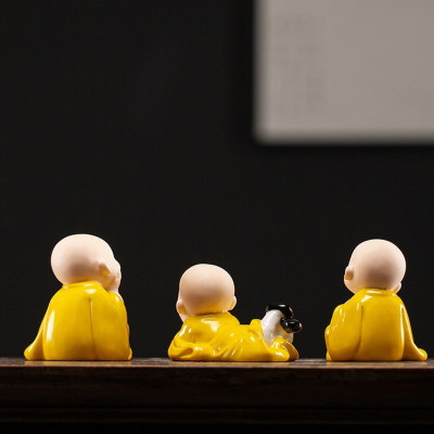 Bộ Tượng Chú Tiểu Hoan Hỉ Vô Ưu Áo Vàng Gốm cao cấp_ Hàng chính hãng