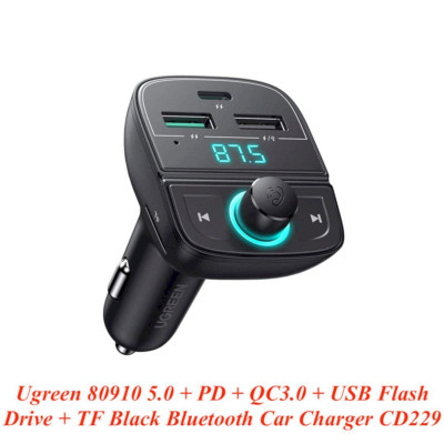 Ugreen UG80910CD229TK BT 5.0 + FM + QC 3.0 + USB + TF Màu Đen Tẩu sạc đa năng gồm phát Bluetooth 5.0 + FM + PD QC3.0 + USB + đọc thẻ TF trên xe hơi - HÀNG CHÍNH HÃNG