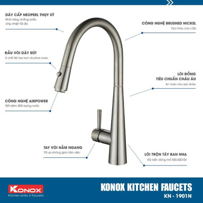 Vòi rửa bát dây rút KONOX KN1901N hợp kim đồng 61% tiêu chuẩn Châu Âu CW617N, bề mặt xử lý công nghệ PVD Chrome 5 lớp