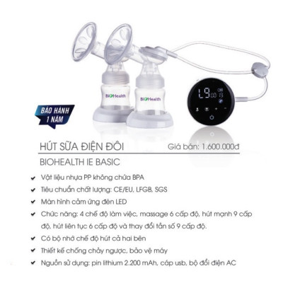 Máy hút sữa điện đôi Biohealth IE - Sử dụng pin sạc, có chế độ massage và 3 chế độ hút