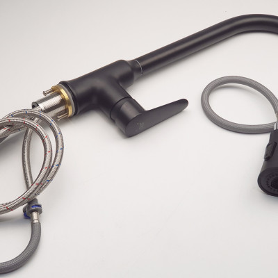 Vòi rửa chén nóng lạnh dây kéo Đồng mạ tĩnh nhiệt màu đen Eurolife EL-KM06 ( Đen)