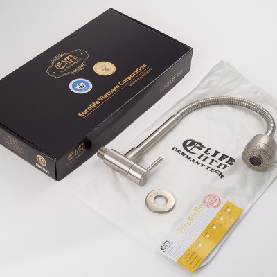 Vòi rửa chén lạnh âm tường Inox SUS 304, cần lò xo Eurolife EL-RC10 (Trắng vàng)