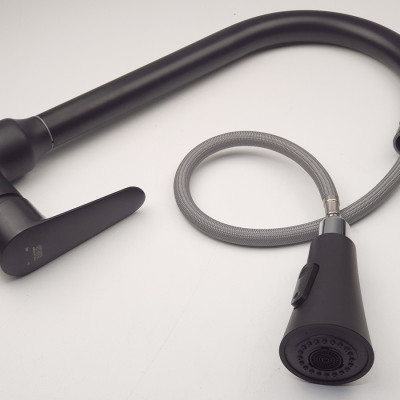 Vòi rửa chén nóng lạnh dây kéo Đồng mạ tĩnh nhiệt màu đen Eurolife EL-KM06 ( Đen)