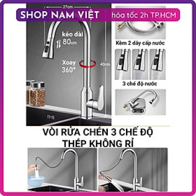 Vòi Rửa Chén Nóng Lạnh INOX 3 Chế Độ Nước Với Dây Rút