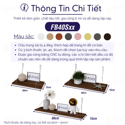 Kệ Trang Trí Treo Tường  Gỗ FIVO Mã FB40 Không Cần Khoan Tặng Kèm Đinh 4 Chân Chịu Lực Lên Đến 10KG Với Móc Treo Inox Dễ Dàng Gắn Lên Tường