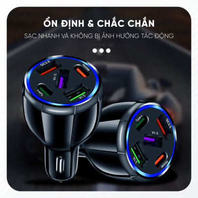 Tẩu Sạc Xe Ô Tô Chia 5 Cổng USB Type C Chuẩn PD, Cổng Quick Charge 3.0 | Kích Thước Nhỏ Gọn, Sạc Nhanh, Dòng Điện Ổn Định