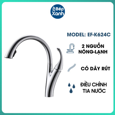 Vòi Rửa Chén Nóng Lạnh Pan-tree Ecalite EF-K624C - Có Dây Rút - Điều Chỉnh Tia Nước - Đồng Mạ Chrome Cực Đẹp - Hàng Chính Hãng