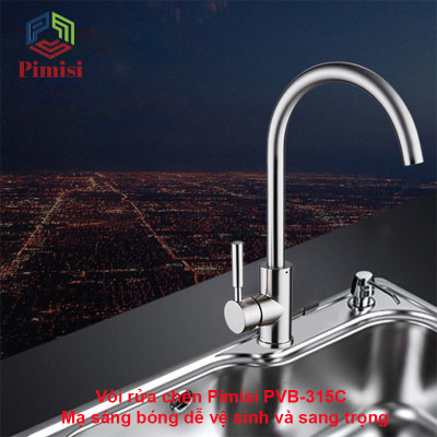 Vòi Nước Rửa Chén Nóng Lạnh Pimisi PVB-315C Inox 304 Mạ Sáng Bóng Dùng Cho Chậu Rửa Bát 1-2-3 Hố Trong Nhà Bếp, Kiểu Cổ Ngỗng, Chỉnh Nhiệt Gật Gù Gắn Bồn Rửa Âm - Dương Bàn Đá, Quay 360 Độ Tăng Áp Nhẹ, Kèm 2 Sợi Dây Cấp Nước Vòi Rửa Bát | Hàng Chính Hãng