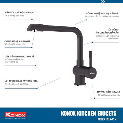 Vòi rửa bát nóng lạnh xoay 360 độ KONOX Felix Black, bề mặt xử lý mạ PVD Granite, lõi hợp kim đồng 61% tiêu chuẩn Châu Âu CW617N
