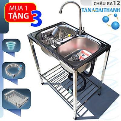 Bộ Chậu Rửa Bát Inox TÂN Á ĐẠI THÀNH RA12 Loại 2 Hộc Có Chân Kèm Vòi Nước Lạnh - Hàng chính hãng Tặng rổ rút, dây cấp, đầu nối ống xả