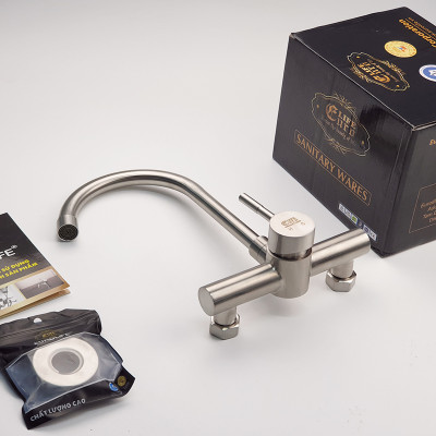 Vòi rửa chén nóng lạnh âm tường Inox SUS 304 Eurolife EL-T018AT (Trắng vàng)