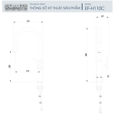 Vòi rửa chén nóng lạnh Ecalite EF-H110C - Đồng thau mạ chrome - Có dây rút - Hàng chính hãng 