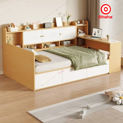 [ Miễn phí giao hàng và lắp đặt tại TP.HCM] Giường ngủ công nghiệp bọc nệm kèm tủ và bàn học OHAHA - GN049