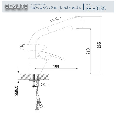 Vòi rửa chén nóng lạnh Ecalite EF-H013C - Đồng thau mạ chrome - Có dây rút - Hàng chính hãng
