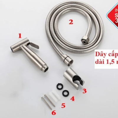 Trọn bộ đầy đủ vòi xịt vệ sinh INOX 304 gồm cả dây sen và đế cài ( Xịt bồn cầu inox 304 )