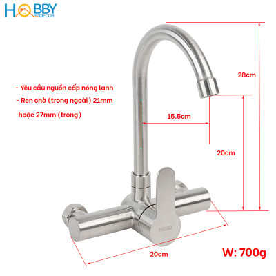 Vòi rửa chén bát nóng lạnh âm tường inox 304 Hobby Home Decor ANL3