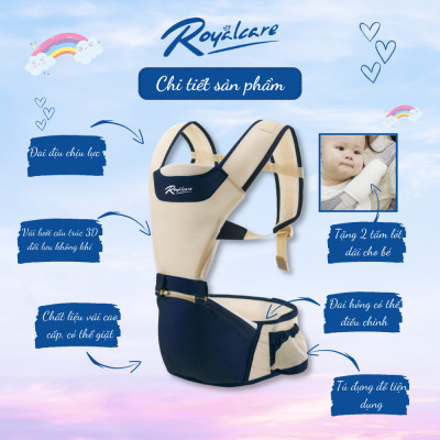 Địu ngồi trẻ em 4 tư thế lưới siêu thoáng Air mesh siêu thoáng Royalcare - 906 - cho bé 3 tháng tới 36 tháng - tặng khăn yếm cho bé