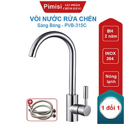 Vòi Nước Rửa Chén Nóng Lạnh Pimisi PVB-315C Inox 304 Mạ Sáng Bóng Dùng Cho Chậu Rửa Bát 1-2-3 Hố Trong Nhà Bếp, Kiểu Cổ Ngỗng, Chỉnh Nhiệt Gật Gù Gắn Bồn Rửa Âm - Dương Bàn Đá, Quay 360 Độ Tăng Áp Nhẹ, Kèm 2 Sợi Dây Cấp Nước Vòi Rửa Bát | Hàng Chính Hãng
