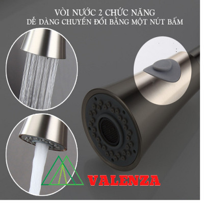 Vòi rửa chén bát dây rút cao cấp inox 304 VALENZA - Vòi nóng lạnh inox 304 dùng cho mọi bồn rửa chén bát nhà bếp, dây rút tiện dụng, 2 chế độ nước - Hàng chính hãng