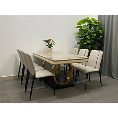Bộ bàn ghế phòng ăn cao cấp Tundo mặt đá đệm da, chân mạ PVD kèm 6 ghế 