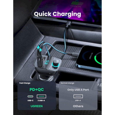 Ugreen UG80910CD229TK BT 5.0 + FM + QC 3.0 + USB + TF Màu Đen Tẩu sạc đa năng gồm phát Bluetooth 5.0 + FM + PD QC3.0 + USB + đọc thẻ TF trên xe hơi - HÀNG CHÍNH HÃNG