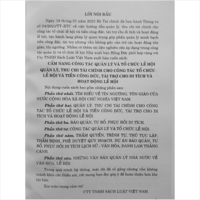 Sách Cẩm Nang Công Tác Quản Lý và Tổ Chức Lễ Hội - Quản Lý Thu Chi Tài Chính Cho Công Tác Tổ Chức Lễ Hội và Tiền Công Đức, Tài Trợ Cho Di Tích và Hoạt Động Lễ Hội - V2229T