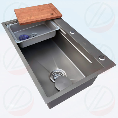 Bộ Chậu Rửa Chén Bát Inox Phủ Nano Có Chân KAZTA Kèm Vòi Nước Lạnh Đầu Dây Rút - Chậu 2 màu đen, xám, tặng Khay inox, thớt gỗ