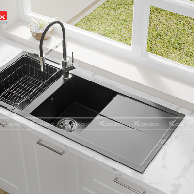 Vòi rửa bát thân mềm Konox, Model Bian, Bề mặt mạ PVD Chrome 5 lớp, Lõi đồng tiêu chuẩn CW617N, Linh kiện phụ trợ dòng chảy nhập khẩu châu Âu, Bảo hành chính hãng 5 năm, Hàng chính hãng