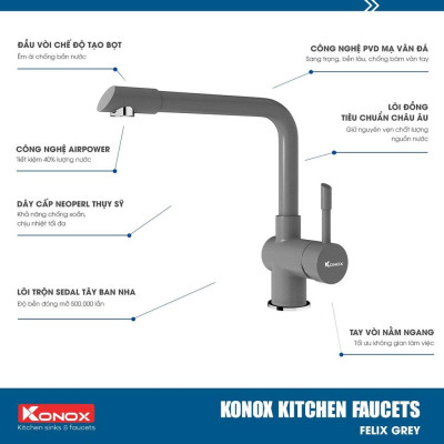 Vòi rửa bát nóng lạnh xoay 360 độ KONOX Felix Grey, bề mặt xử lý mạ PVD Granite, lõi hợp kim đồng 61% tiêu chuẩn Châu Âu CW617N