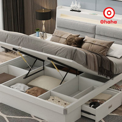 [Miễn phí vận chuyển & lắp đặt] Giường ngủ thông minh cao cấp bọc nệm đầu giường có hộc kéo gỗ công nghiệp Ohaha - GN013