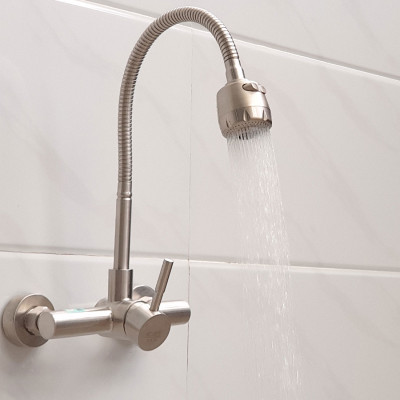 Vòi rửa chén âm tường cần lò xo Inox SUS 304 Eurolife EL-T017AT (Trắng vàng)